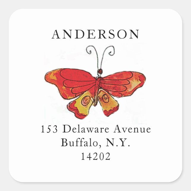 Sticker Carré Aquarelle Papillon rouge Dessin naturel à main (Devant)