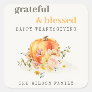 Sticker Carré Aquarelle Pastel Soft Floral Citrouille Thanksgivi