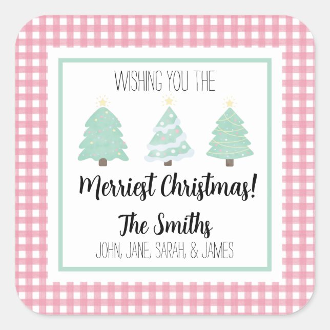 Sticker Carré Aquarelle Pastel Tree Famille Cadeau de Noël (Devant)