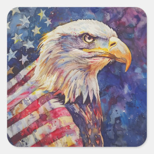 Sticker Carré Aquarelle Patriotic Bald Eagle drapeau américain