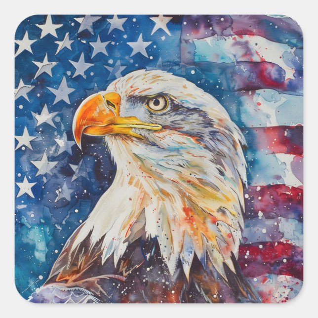 Sticker Carré Aquarelle Patriotic Bald Eagle drapeau américain (Devant)