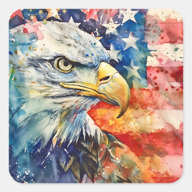 Sticker Carré Aquarelle Patriotic Bald Eagle drapeau américain (Devant)