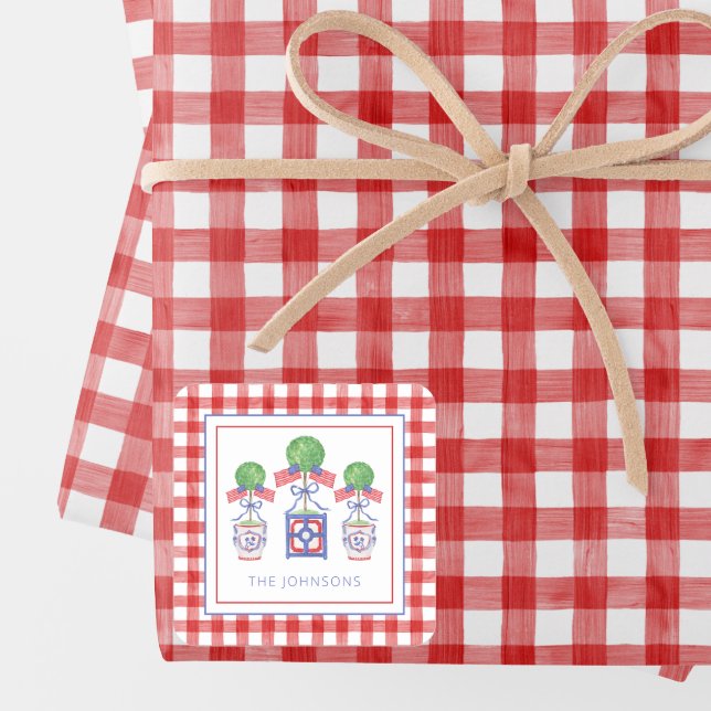 Sticker Carré Aquarelle Patriotique American Flag Topiary Cadeau (Créateur téléchargé)