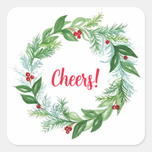 Sticker Carré Aquarelle peinte à la main Noël Vacances Wreath