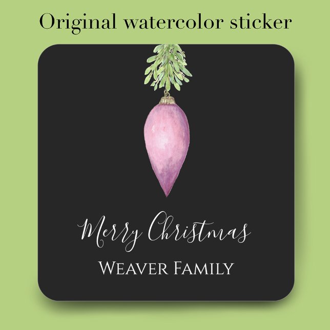 Sticker Carré Aquarelle Peinte à la main rose Bauble de Noël (Personalize this original watercolor antique Christmas bauble Christmas card envelope sticker.
)