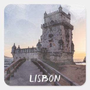 Sticker Carré Aquarelle peinture de la tour de Belem au coucher