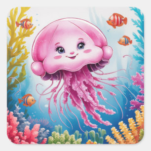 Sticker Carré Aquarelle peinture méduse