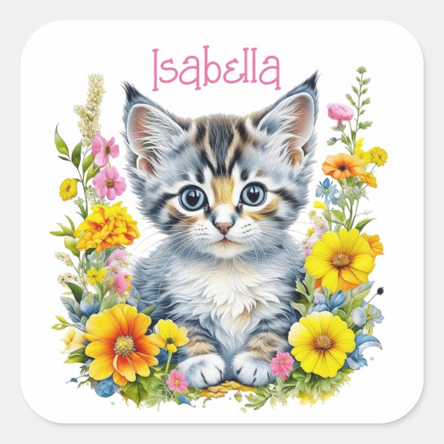 Sticker Carré Aquarelle personnalisée en gris chaton et fleurs (Devant)