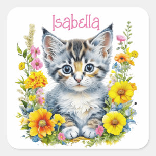 Sticker Carré Aquarelle personnalisée en gris chaton et fleurs