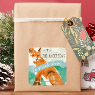 Sticker Carré Aquarelle personnalisée Orange Fox Grange Bois