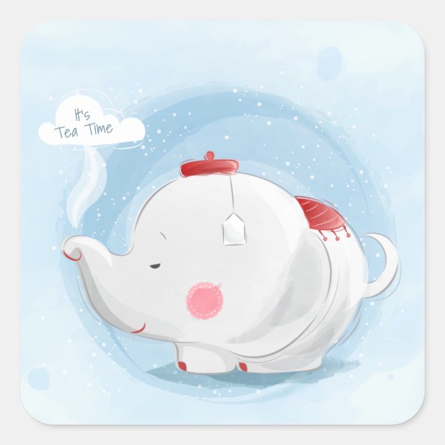 Sticker Carré Aquarelle personnalisée Teacup Elephant (Devant)