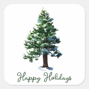 Sticker Carré Aquarelle Pine Tree Joyeuses Fêtes Noël