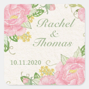 Sticker Carré Aquarelle pivoine rose sur le Mariage de bois Stic