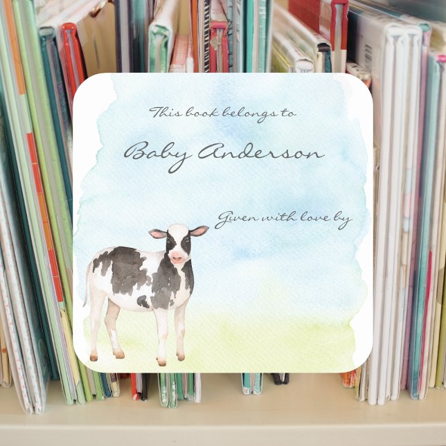 Sticker Carré Aquarelle Plaque de baby shower de veau de vache b (Créateur téléchargé)