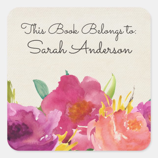 Sticker Carré Aquarelle Plaque De Livre Floral Ce Livre Appartie (Devant)