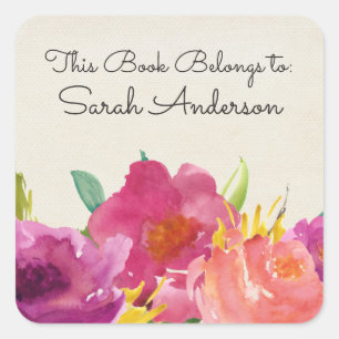 Sticker Carré Aquarelle Plaque De Livre Floral Ce Livre Appartie