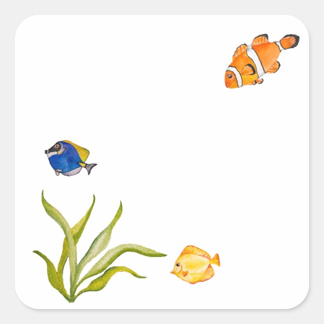 Sticker Carré Aquarelle poissons de mer et algues (Devant)