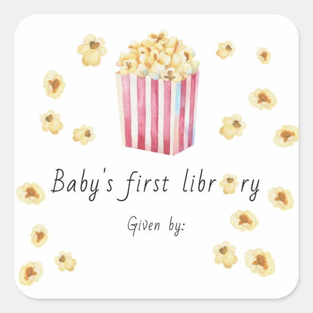 Sticker Carré Aquarelle Popcorn Baby première bibliothèque (Devant)