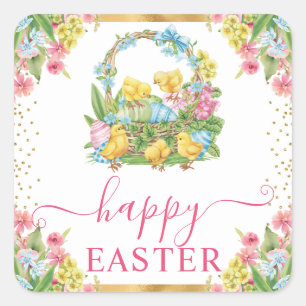 Sticker Carré Aquarelle Poussins et Œufs Floral Joyeuses Pâques