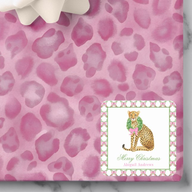 Sticker Carré Aquarelle Préppy Léopard Noël (Créateur téléchargé)