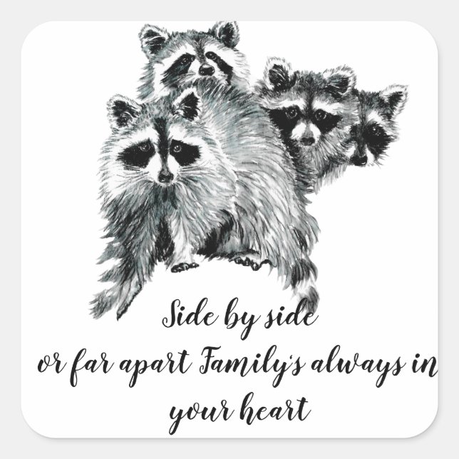 Sticker Carré Aquarelle Raccoon Famille Inspiration Citation (Devant)