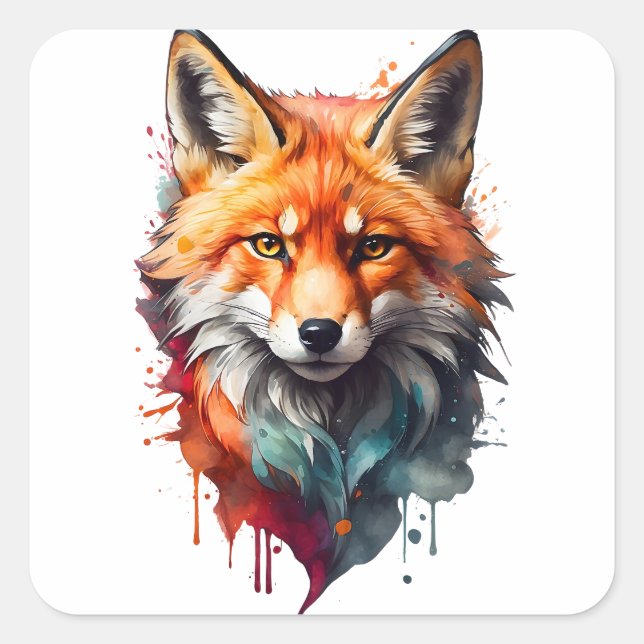 Sticker Carré Aquarelle Red Fox Splatz Portrait Encre Splash (Devant)