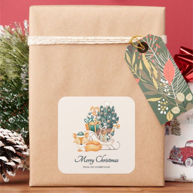 Sticker Carré Aquarelle Renard Traîneaux de Noël Fêtes (vacances)