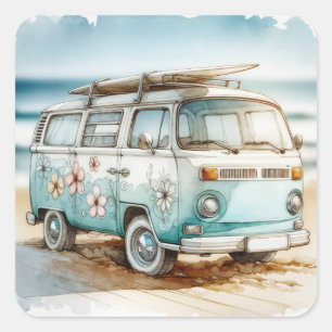 Sticker Carré Aquarelle Retro Campervan Avec Surf