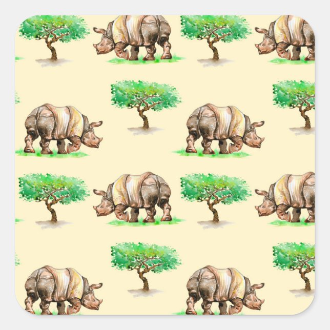 Sticker Carré Aquarelle Rhino : Motif peint à la main. (Devant)