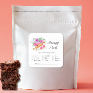 Sticker Carré Aquarelle Rolling Pin Rose Pâtisserie Allergie Ale