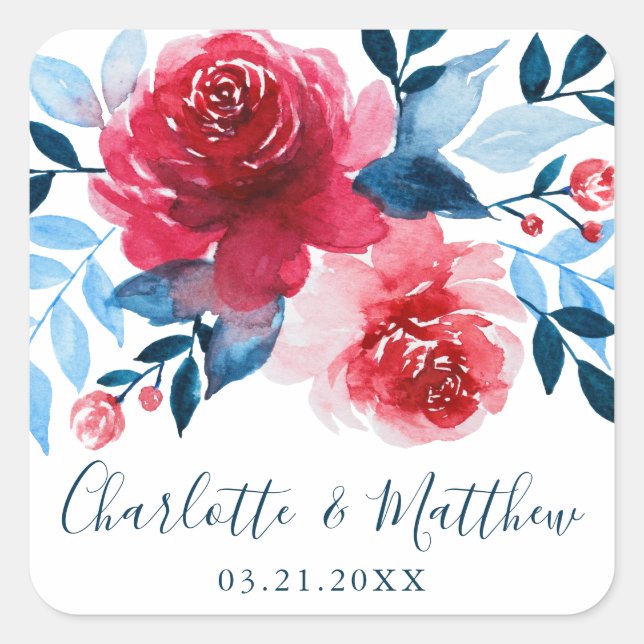 Sticker Carré Aquarelle romantique Rouge Bleu Floral Mariage (Devant)