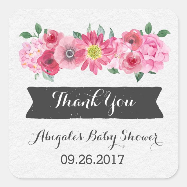 Sticker Carré Aquarelle rose Baby shower floral Favoriser Sticke (Devant)