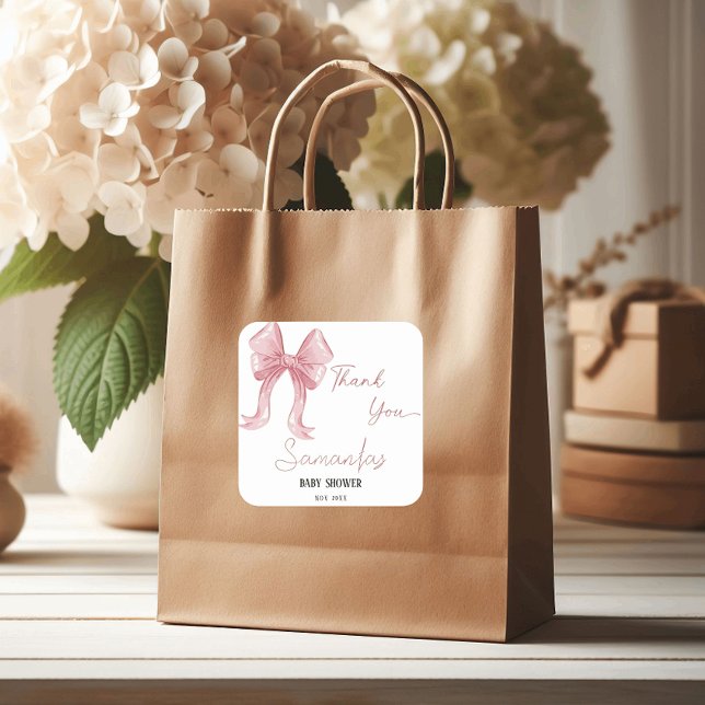 Sticker Carré Aquarelle rose Bow Girl Baby shower Merci (Créateur téléchargé)