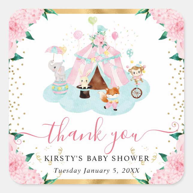 Sticker Carré Aquarelle Rose Circus Animaux Baby shower Floral (Devant)