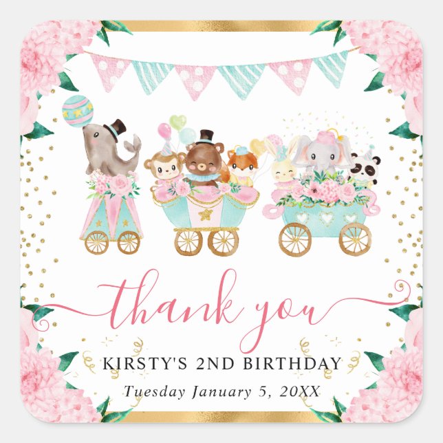 Sticker Carré Aquarelle Rose Circus Animaux Floral Anniversaire (Devant)