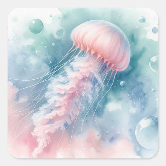 Sticker Carré Aquarelle rose délicate méduse (Devant)