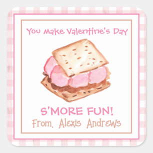 Sticker Carré Aquarelle rose En vichy S'mores Saint-Valentin