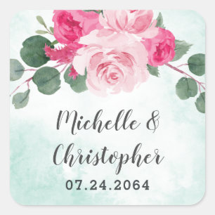 Sticker Carré Aquarelle rose et argent Mariage floral