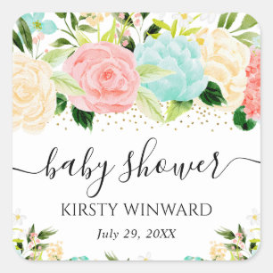 Sticker Carré Aquarelle rose et Baby shower de fleurs de menthe
