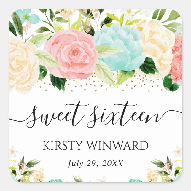 Sticker Carré Aquarelle rose et Sweet sixteen des fleurs de ment (Devant)