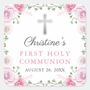 Sticker Carré Aquarelle rose Floral Première sainte communion