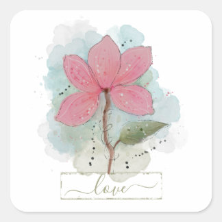Sticker Carré Aquarelle rose Flower Love