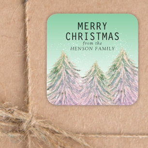 Sticker Carré Aquarelle rose Joyeux Arbre de Noël Artistique
