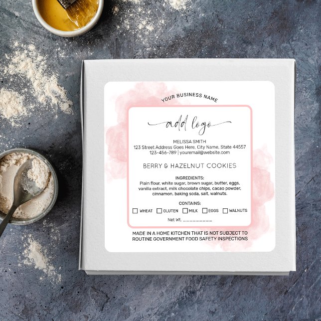 Sticker Carré Aquarelle rose Logo Accueil Boulangerie Licence al (Feminine blush pink watercolor and white dessert labels with space for your logo)