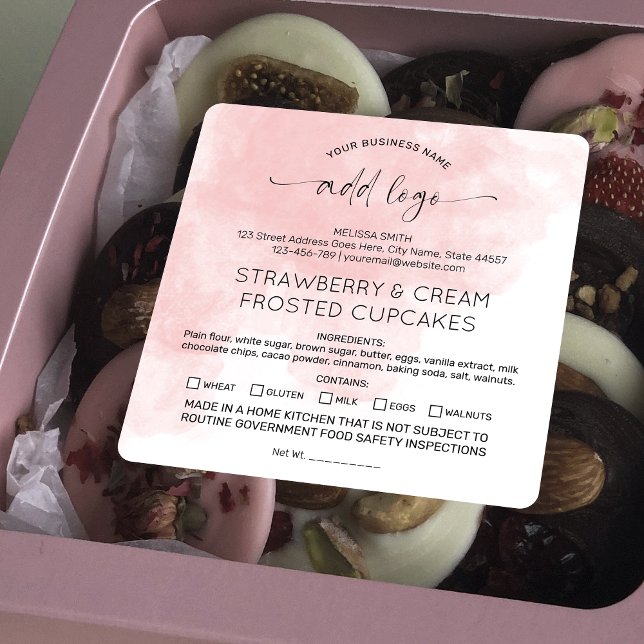 Sticker Carré Aquarelle rose pâle Accueil Boulangerie Ingrédient (Pale pink watercolor made in a home kitchen stickers with space for your logo)