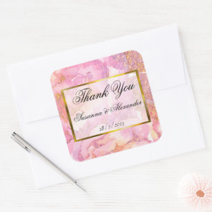 Sticker Carré Aquarelle rose romantique Rose Mariage Merci