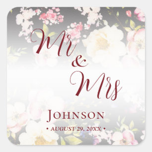 Sticker Carré Aquarelle rose Roses jaunes, noir flou, Mariage