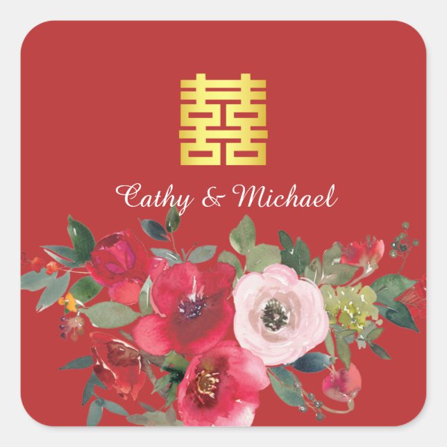 Sticker Carré Aquarelle rose rouge floral moderne double bonheur (Devant)