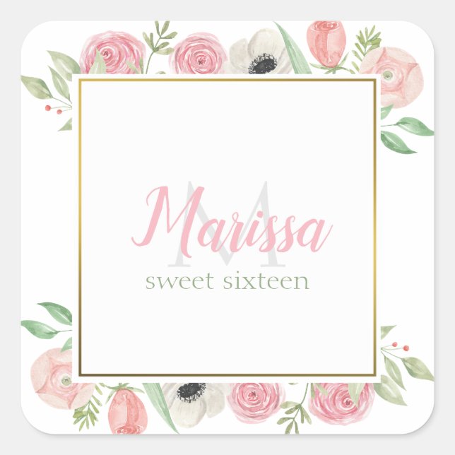 Sticker Carré Aquarelle rose vif Floral Sweet 16 Anniversaire (Devant)