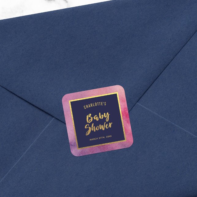 Sticker Carré Aquarelle rose violet et Baby shower or Faux (Créateur téléchargé)